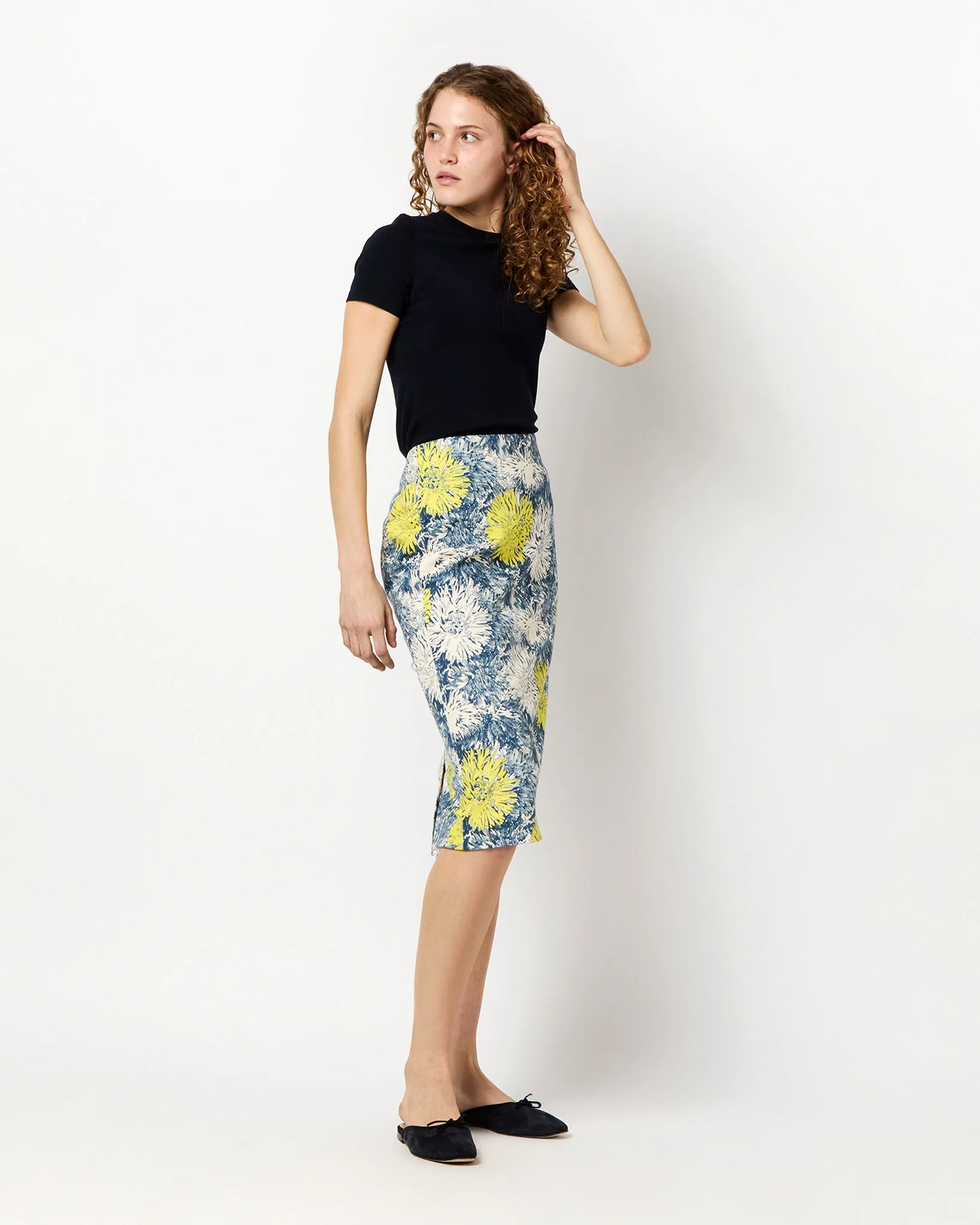 Aurora Skirt in Natural/Blue/Lemon Floral Stretch Denim