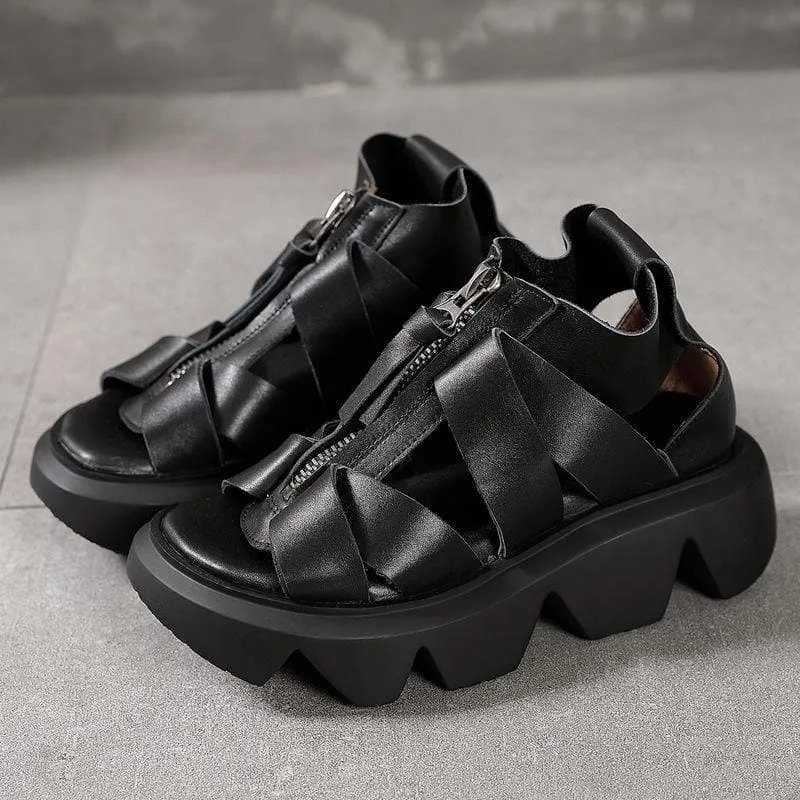 Black zippered Flat Platform Walking Sandals