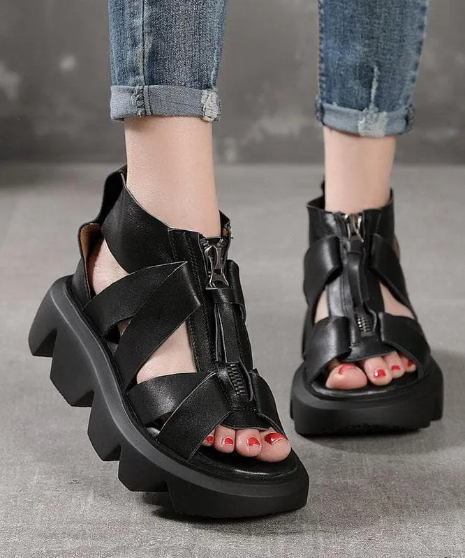 Black zippered Flat Platform Walking Sandals