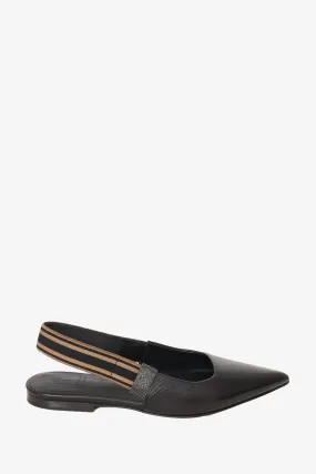 Brunello Cucinelli Black Leather Monili Slingback Flats Size 36