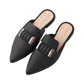 Casual Pointed Toe Square Heels with Stripped Metal Decoration Women Flat Shoes