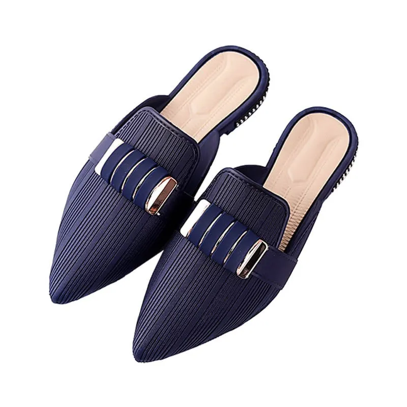 Casual Pointed Toe Square Heels with Stripped Metal Decoration Women Flat Shoes