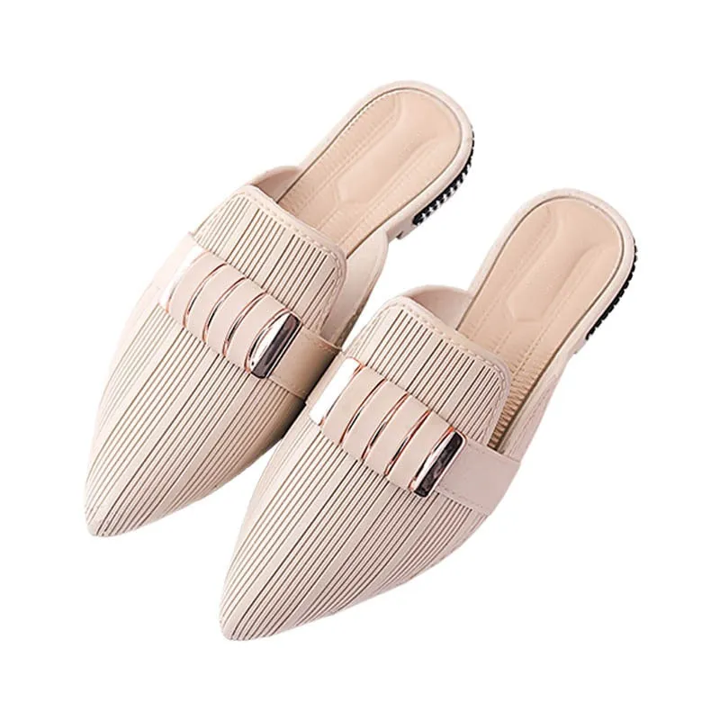 Casual Pointed Toe Square Heels with Stripped Metal Decoration Women Flat Shoes