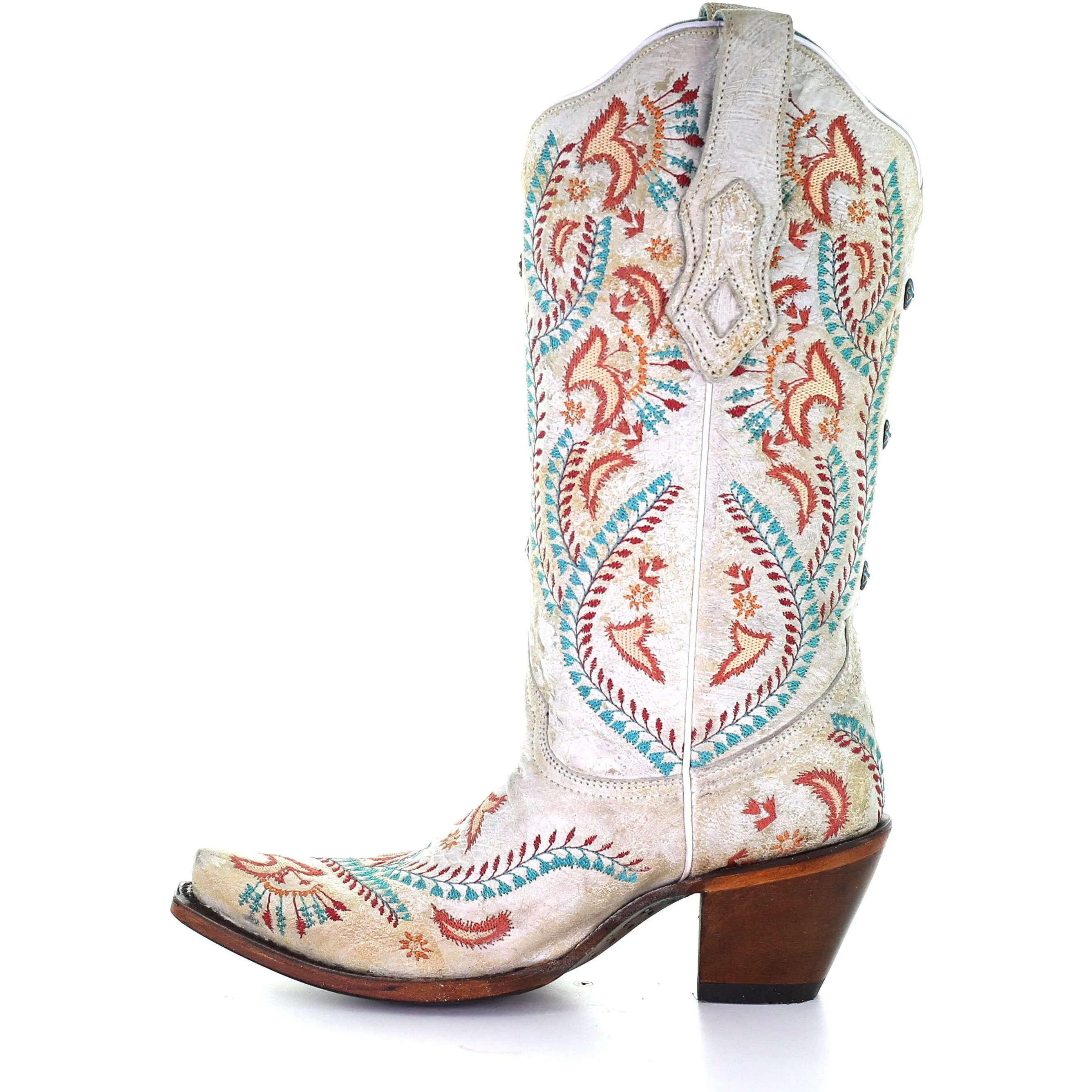 Corral Women's A3960 Cowboy Boot in White with TURQUOISE & RED EMBROIDERY & STUDS