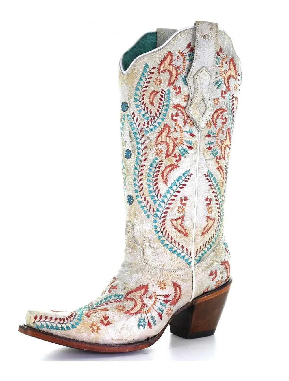 Corral Women's A3960 Cowboy Boot in White with TURQUOISE & RED EMBROIDERY & STUDS