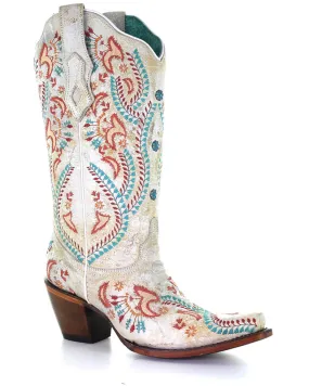 Corral Women's A3960 Cowboy Boot in White with TURQUOISE & RED EMBROIDERY & STUDS