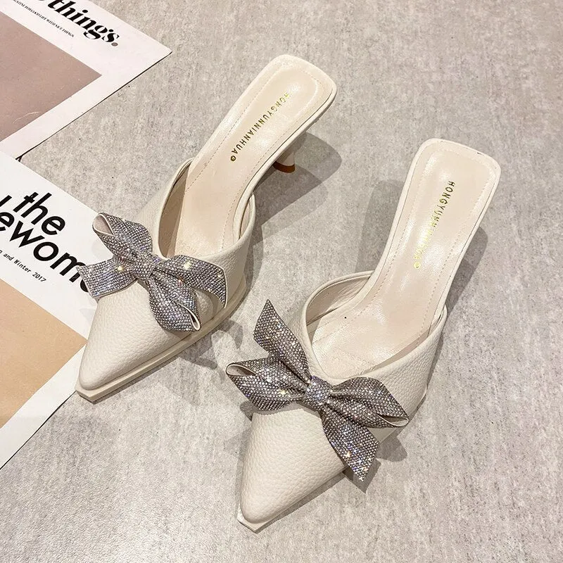 Elegant Pointed Toe High Heels Green Mules Shoes Women Slippers  New Crystal Bowknot Summer Slides Black Beige Party Shoes