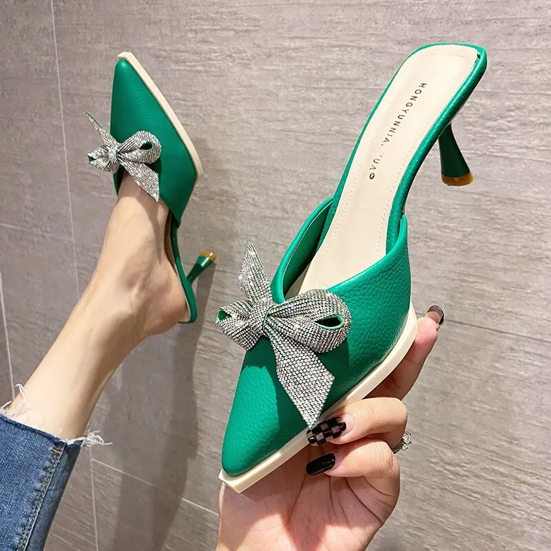 Elegant Pointed Toe High Heels Green Mules Shoes Women Slippers  New Crystal Bowknot Summer Slides Black Beige Party Shoes