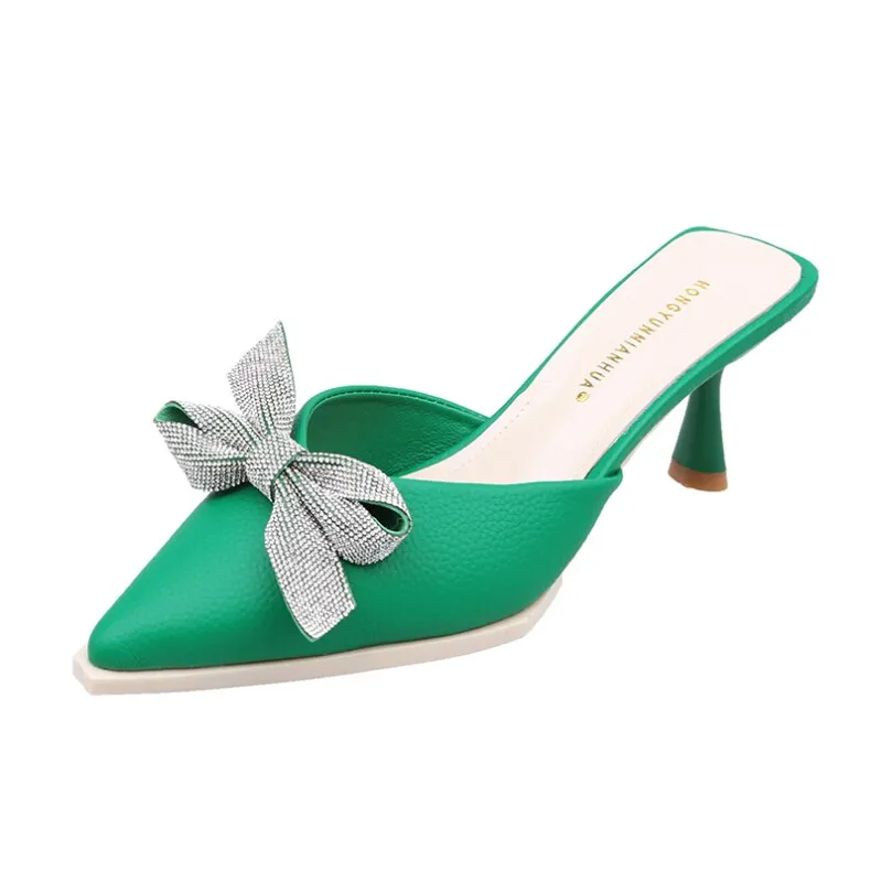 Elegant Pointed Toe High Heels Green Mules Shoes Women Slippers  New Crystal Bowknot Summer Slides Black Beige Party Shoes