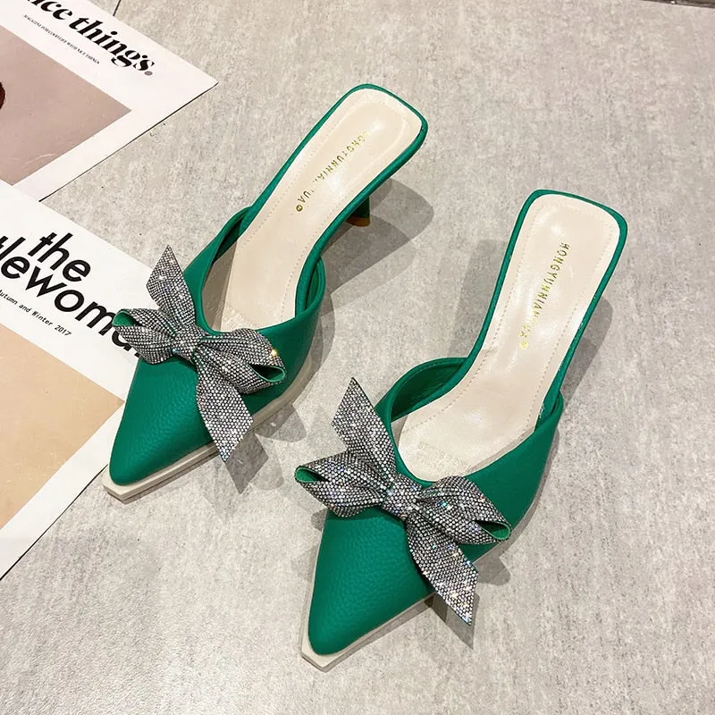 Elegant Pointed Toe High Heels Green Mules Shoes Women Slippers  New Crystal Bowknot Summer Slides Black Beige Party Shoes