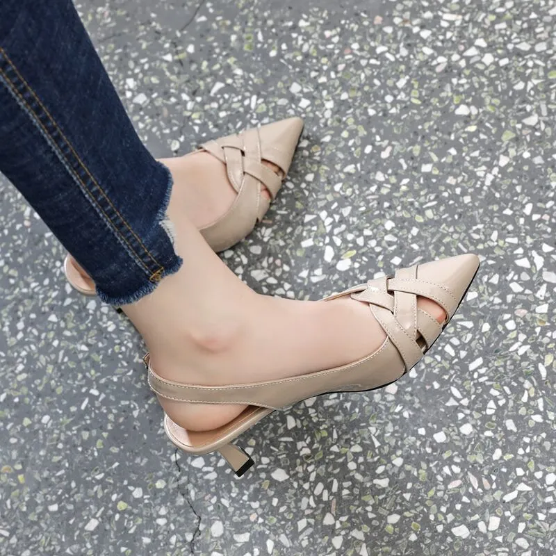 FHANCHU  New Women High Heeled Sandals,Hollow out Soft Leather Summer Shoes,Ankle Strap,Pointed Toe,Beige,Apricot,Dropship