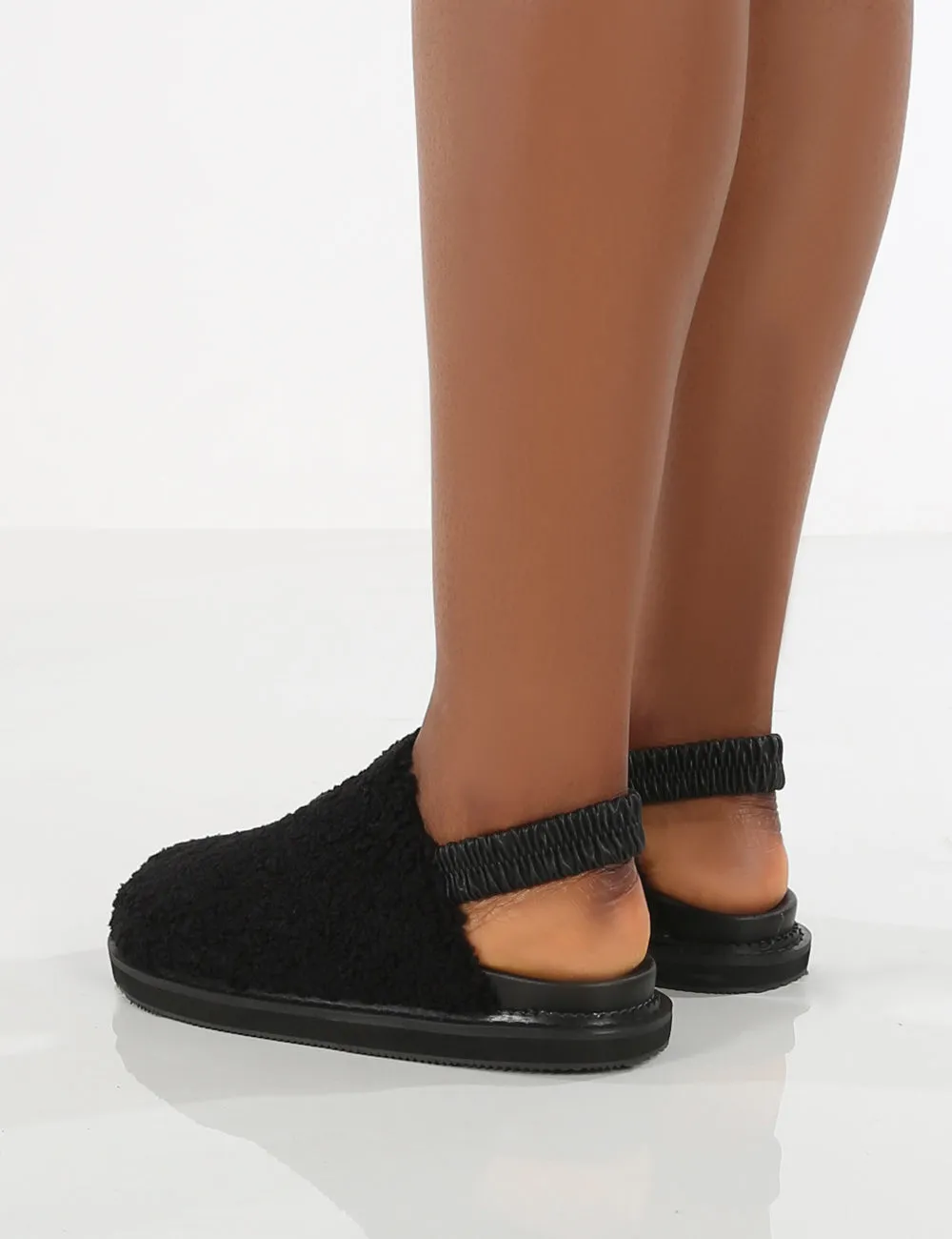 Fortune Black Fluffy Faux Fur Sling Back Slippers