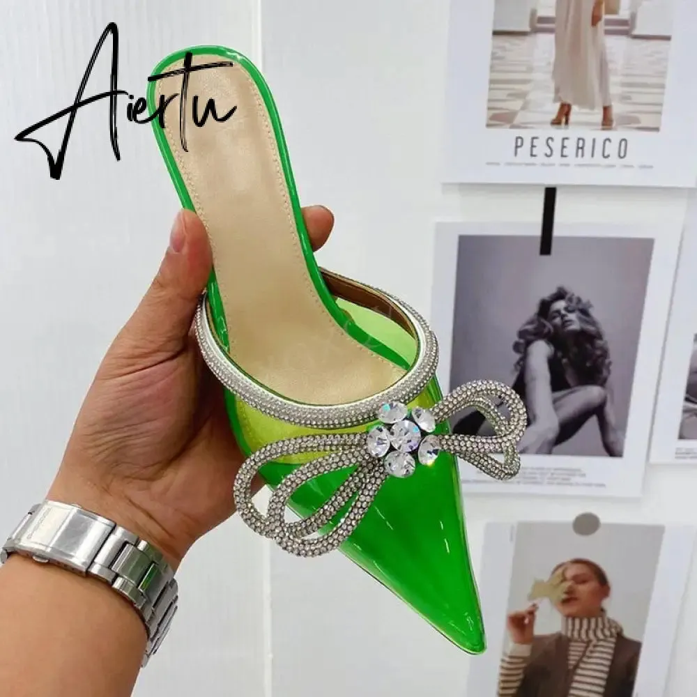 High Quality Pointed Toe Clear Slippers Women bling bling Bow Knot Sandals Summer Dress Bridal Wedding Cinderella Crystal Shoes