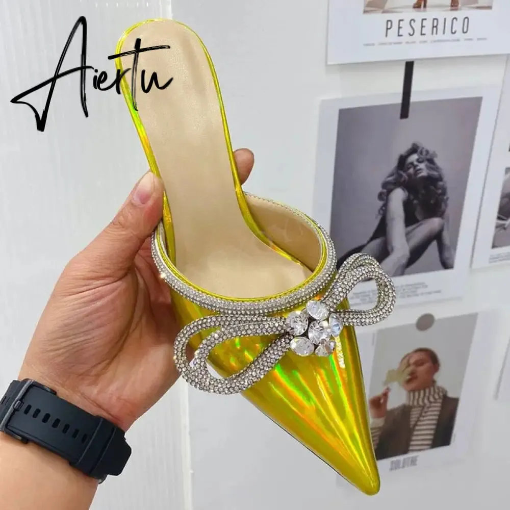 High Quality Pointed Toe Clear Slippers Women bling bling Bow Knot Sandals Summer Dress Bridal Wedding Cinderella Crystal Shoes