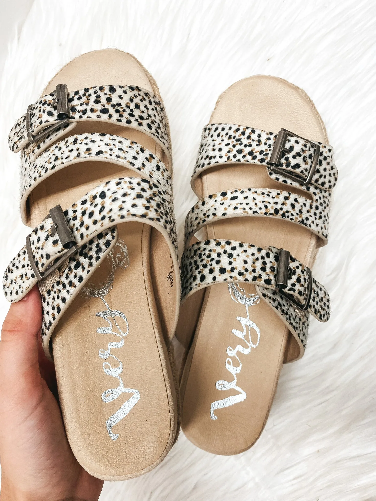 Last Chance Size 7 | Very G | Traveling Places Strappy Faux Hide Platform Sandals with Buckles in Dotted Beige