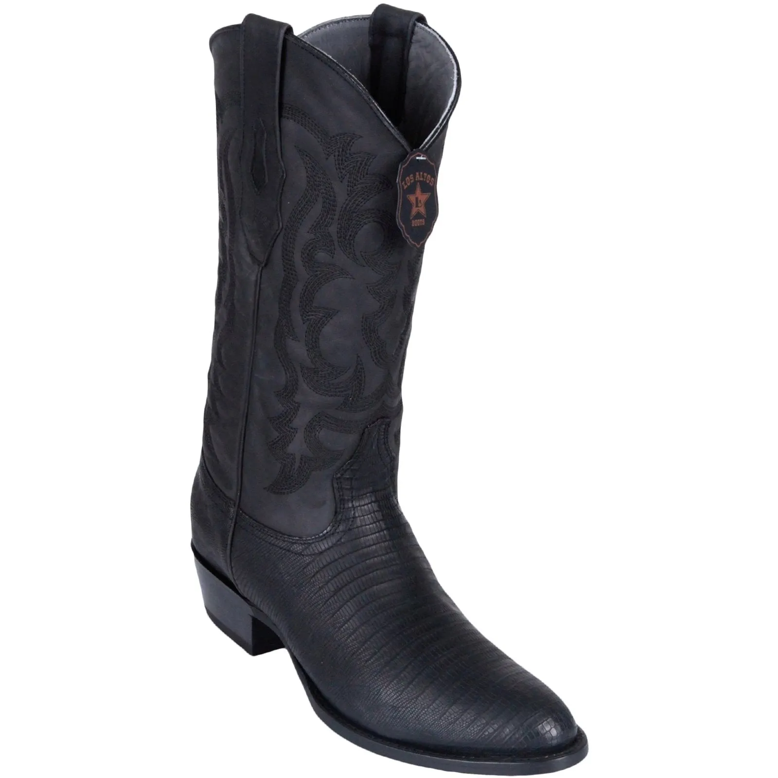 Los Altos Lizard Teju R-Toe Greasy Finish Black Cowboy Boots