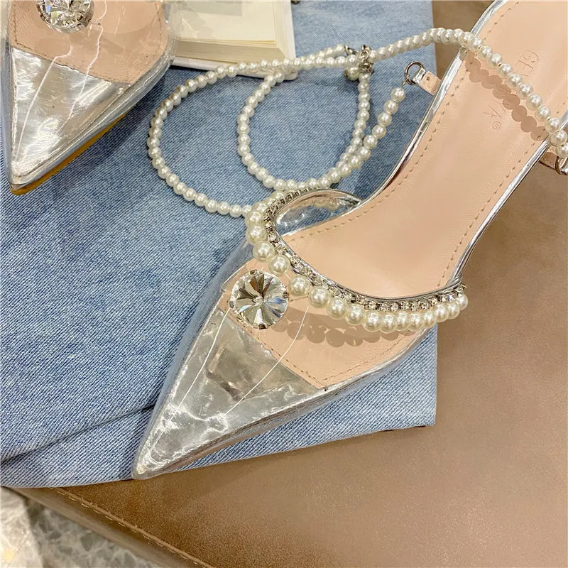 Pointed Head Transparent Sandals Female Summer  New Pearl Rhinestone High Heels Fine Fairy Style Sandals