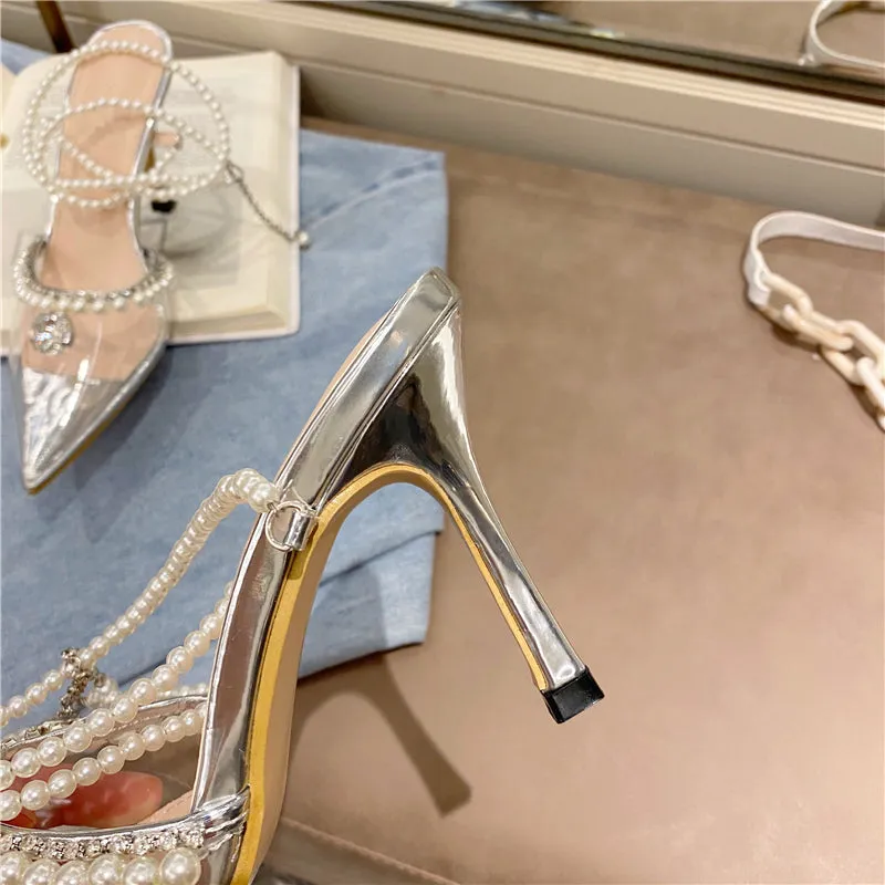 Pointed Head Transparent Sandals Female Summer  New Pearl Rhinestone High Heels Fine Fairy Style Sandals