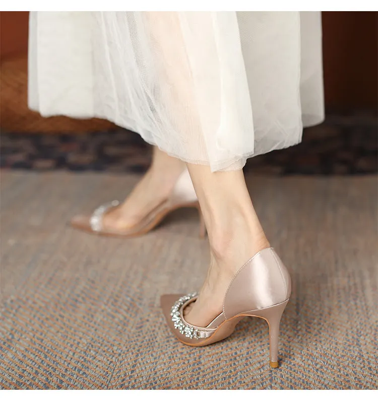 Pointed Rhinestone Transparent High Heels Women Sandals  New Satin Stiletto High Heels Wedding Shoes Bride