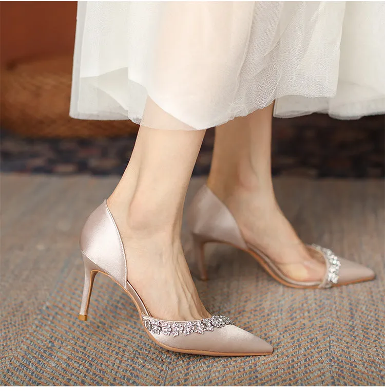 Pointed Rhinestone Transparent High Heels Women Sandals  New Satin Stiletto High Heels Wedding Shoes Bride