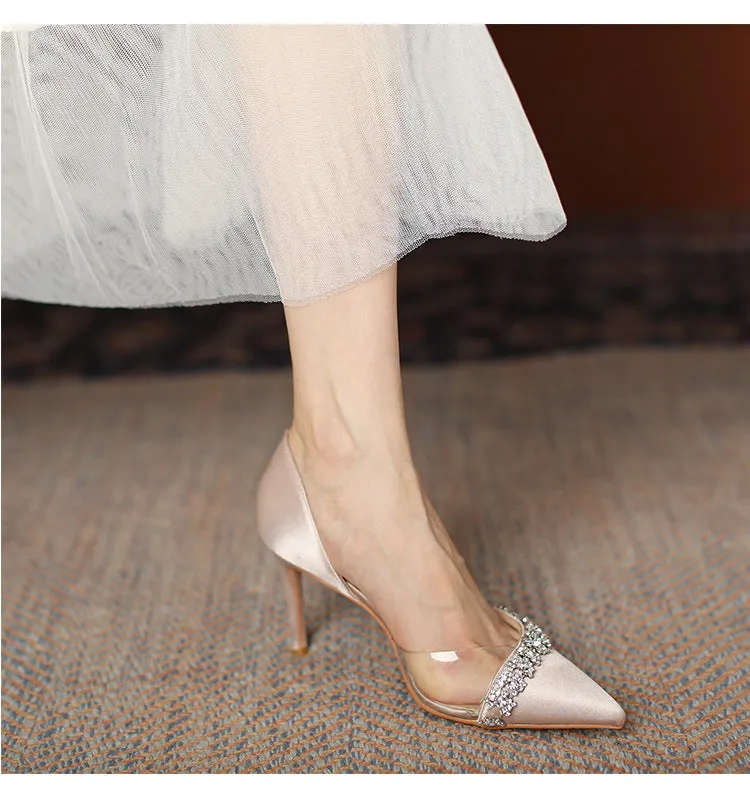 Pointed Rhinestone Transparent High Heels Women Sandals  New Satin Stiletto High Heels Wedding Shoes Bride