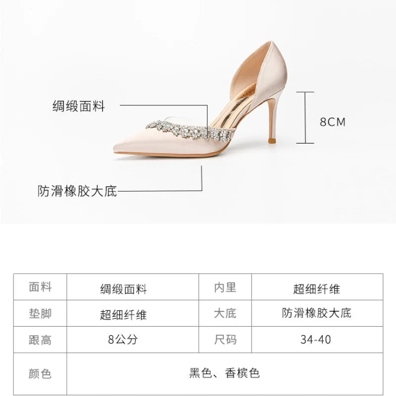 Pointed Rhinestone Transparent High Heels Women Sandals  New Satin Stiletto High Heels Wedding Shoes Bride