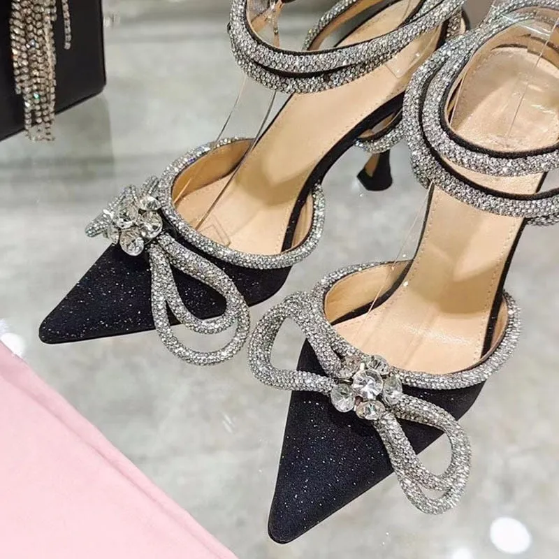 Rhinestone Baotou sandals  new summer fairy wind pointed pink high-heeled bow tie thin heel winding bandage