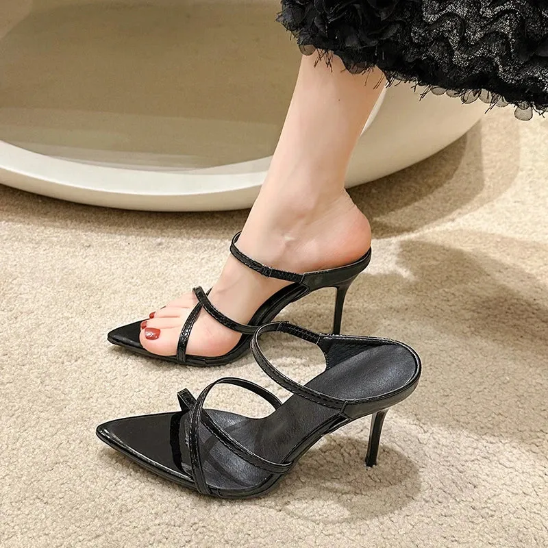 Sohiwoo 2024 New Summer Pointed Toe Slippers Women Red Patent Leather Open Toe Stiletto High Heels Women outside wear Sexy sandalias