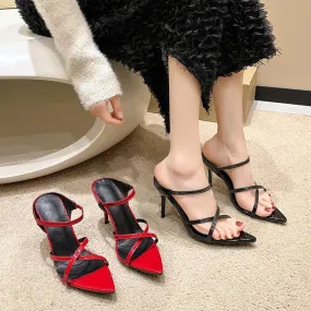 Sohiwoo 2024 New Summer Pointed Toe Slippers Women Red Patent Leather Open Toe Stiletto High Heels Women outside wear Sexy sandalias