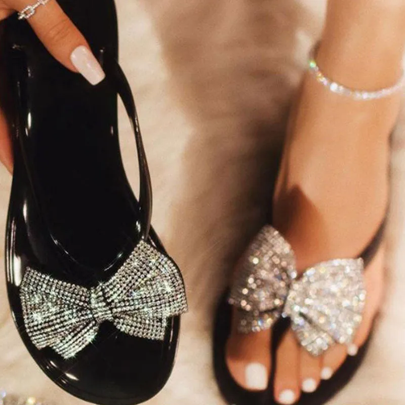 Sparkling Crystal Bow Flat Sandals - Elegant Comfort for Any Occasion