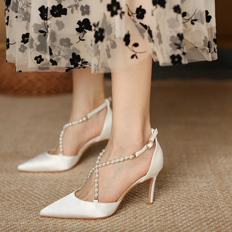 Spring and Summer New Pearl Strap Buckle Sandals Women's Pointed Toe Satin Stiletto Heel All-Matching High Heels