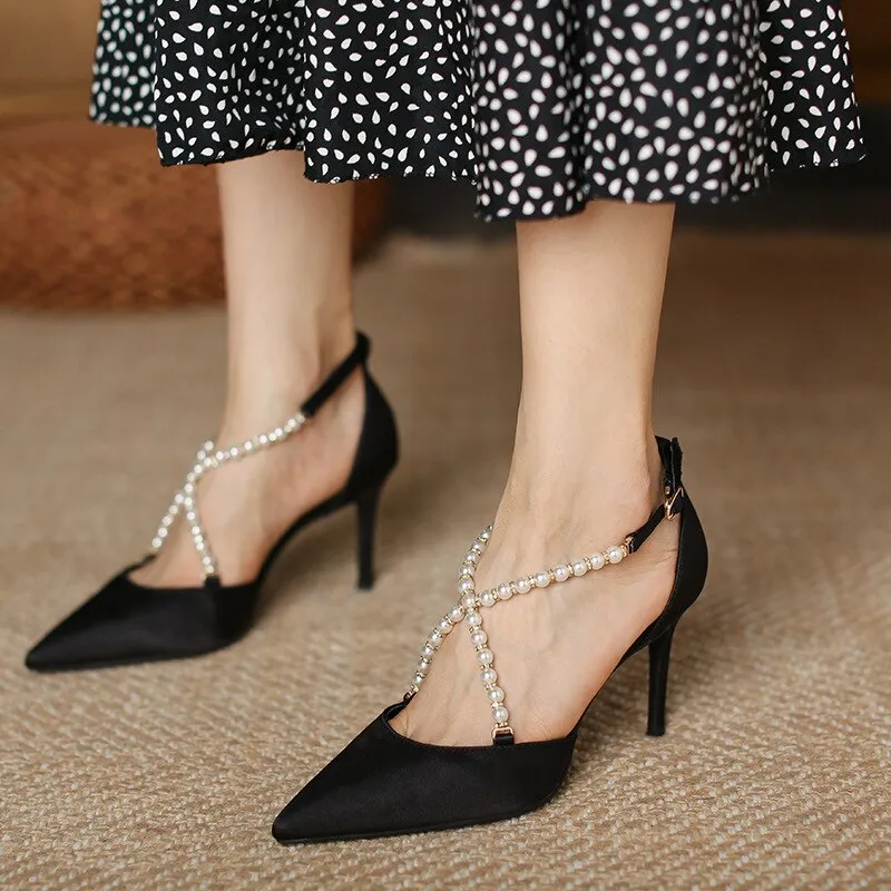 Spring and Summer New Pearl Strap Buckle Sandals Women's Pointed Toe Satin Stiletto Heel All-Matching High Heels