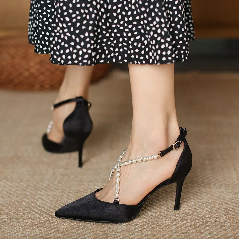 Spring and Summer New Pearl Strap Buckle Sandals Women's Pointed Toe Satin Stiletto Heel All-Matching High Heels