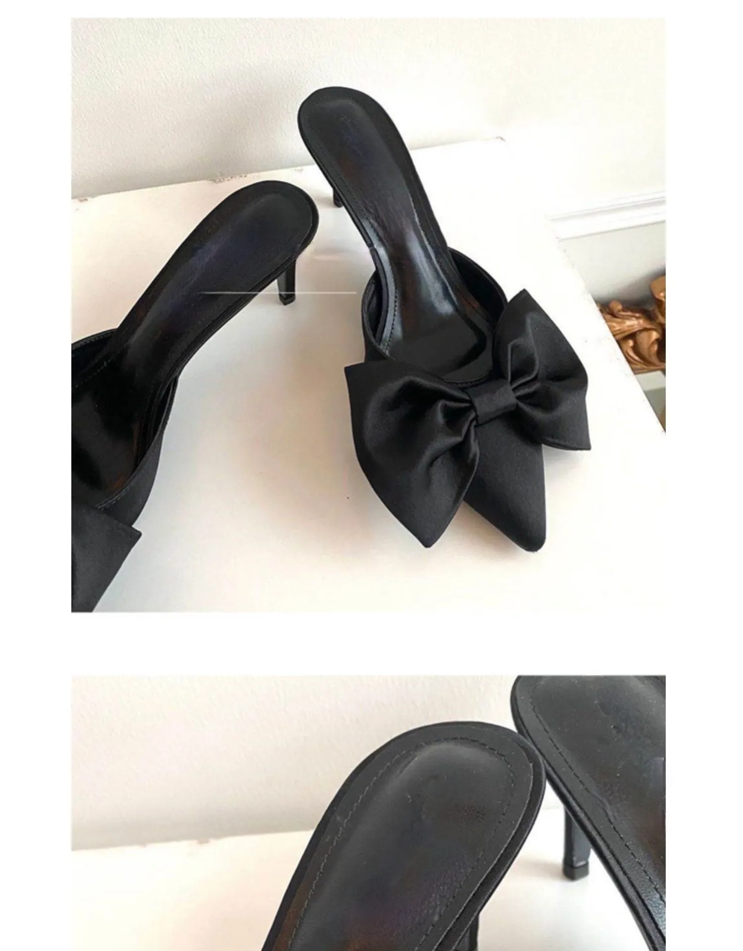 Summer Women's Slippers Bowknot Cat Heel Low Heel Mid Heel Pointed Toe Shoes Slippers High Heels