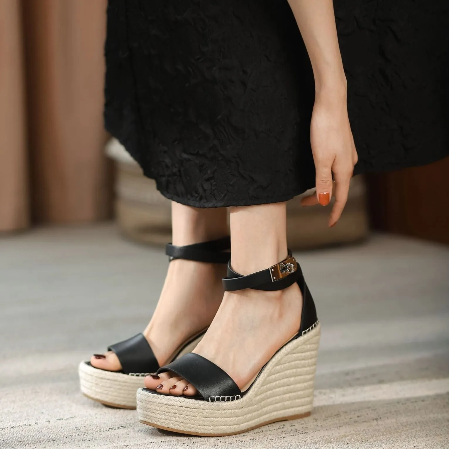 Women buckle strap peep toe espadrille platform wedge sandals