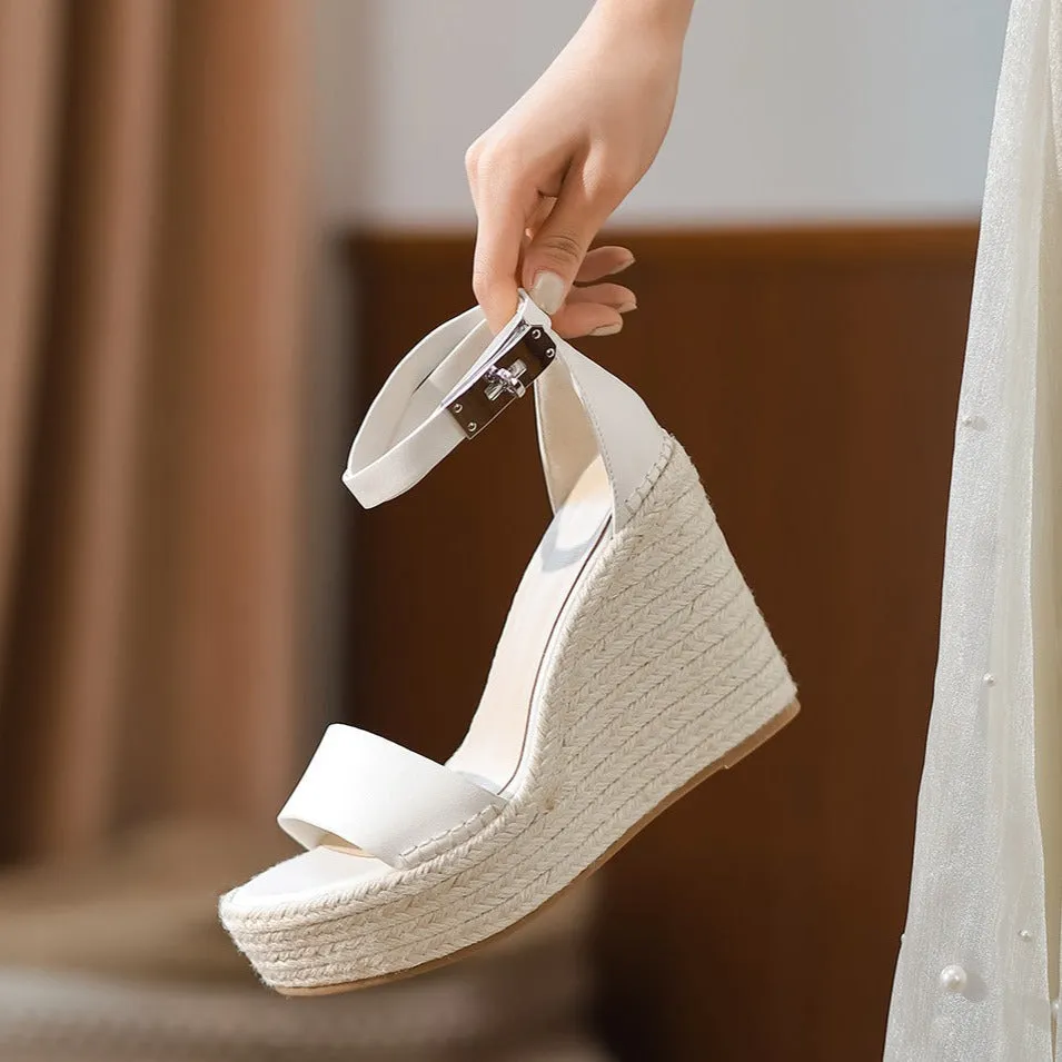 Women buckle strap peep toe espadrille platform wedge sandals