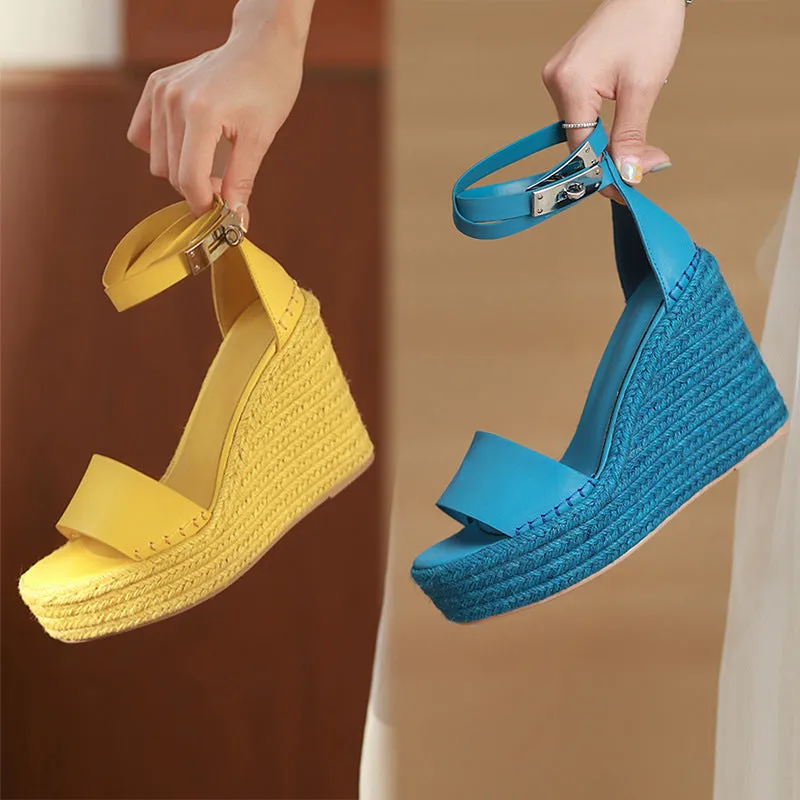 Women buckle strap peep toe espadrille platform wedge sandals