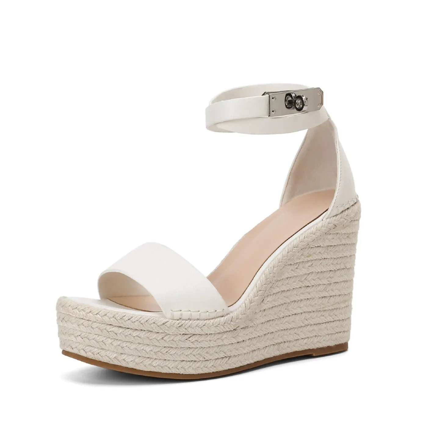 Women buckle strap peep toe espadrille platform wedge sandals