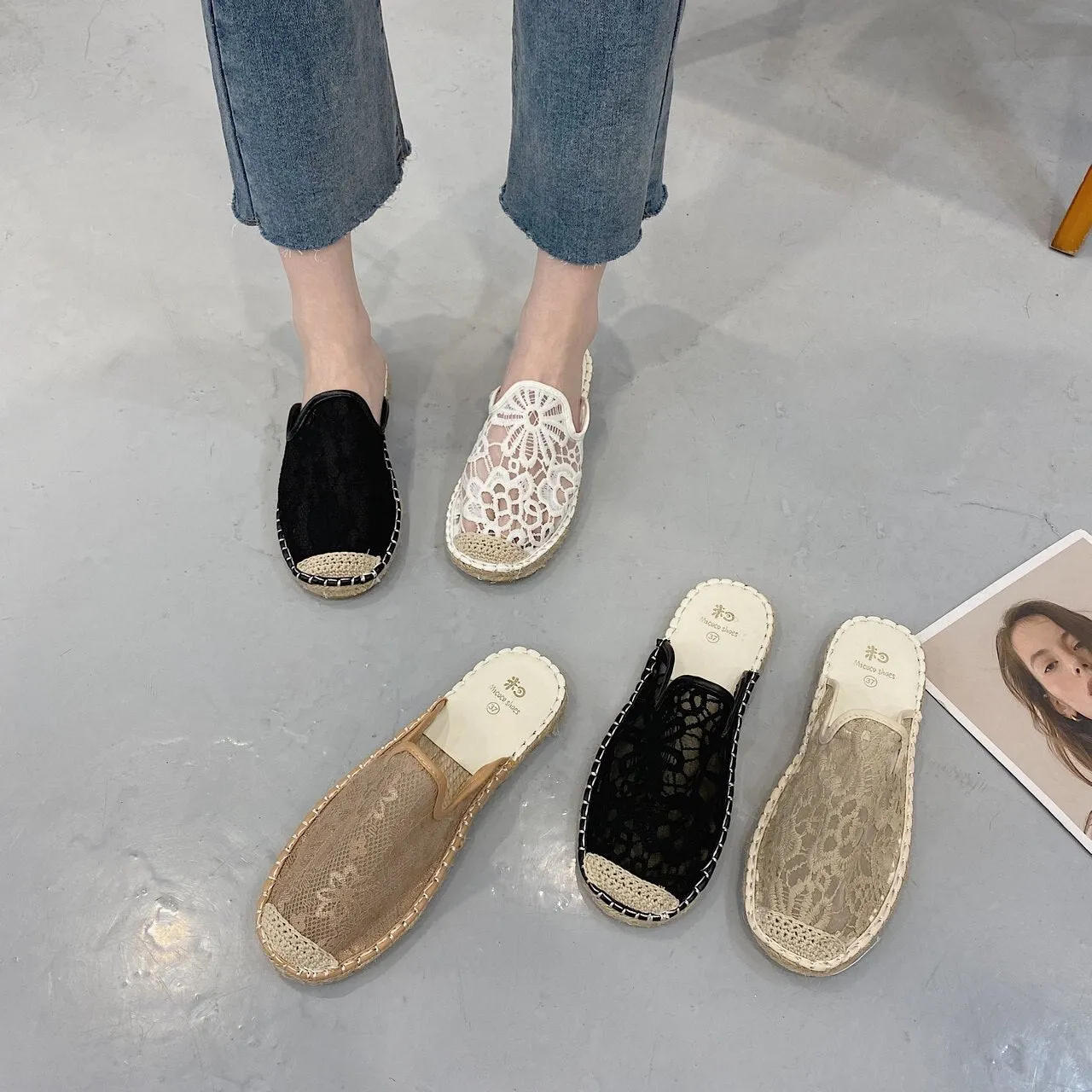 Women New Espadrilles Mujer Casual Fashion Flat Mules Slip On Hemp Slides Summer Female Lace Espadrille Comfort Slippers