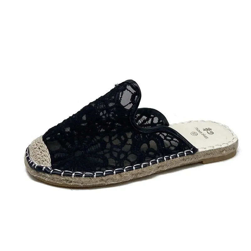 Women New Espadrilles Mujer Casual Fashion Flat Mules Slip On Hemp Slides Summer Female Lace Espadrille Comfort Slippers