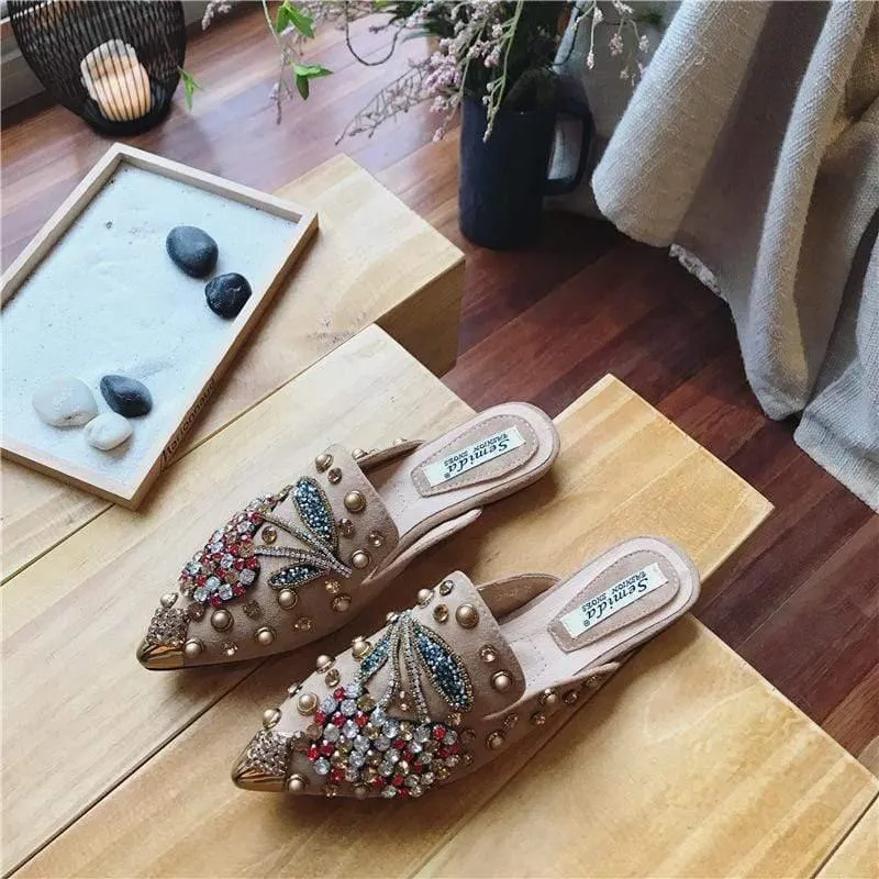 Women Pointed Toe Crystal Flower Luxury Half Slippers