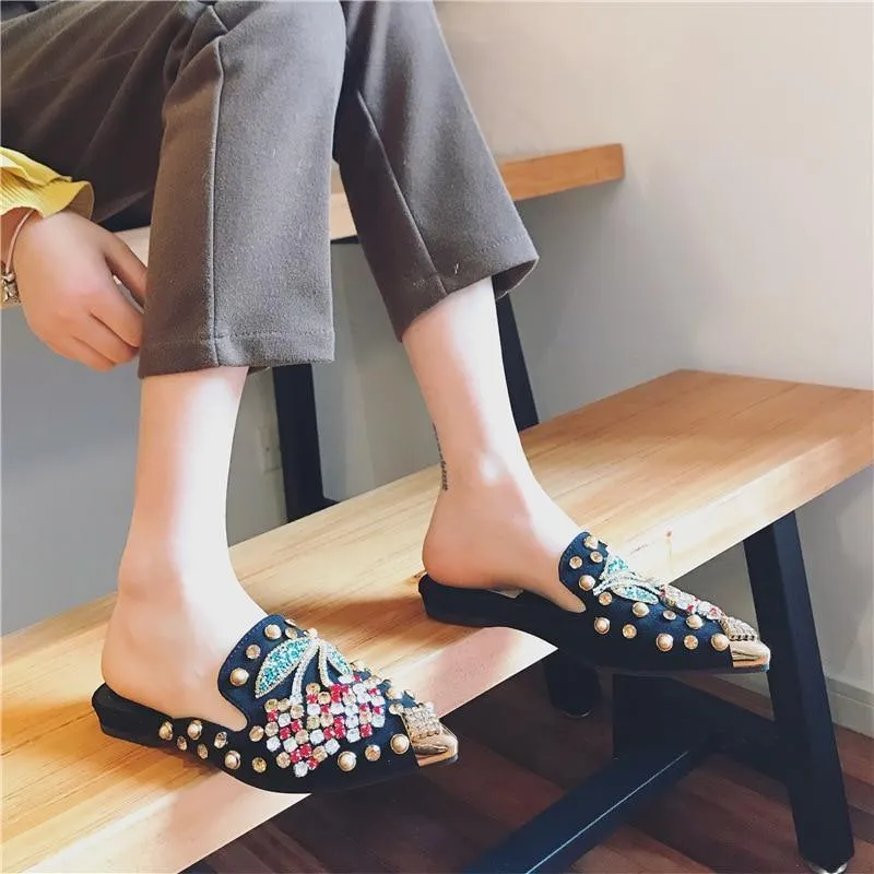 Women Pointed Toe Crystal Flower Luxury Half Slippers