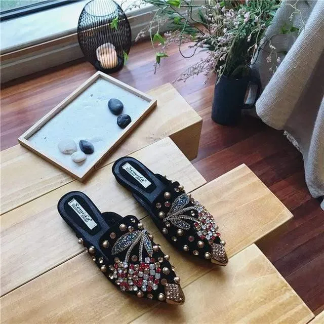 Women Pointed Toe Crystal Flower Luxury Half Slippers