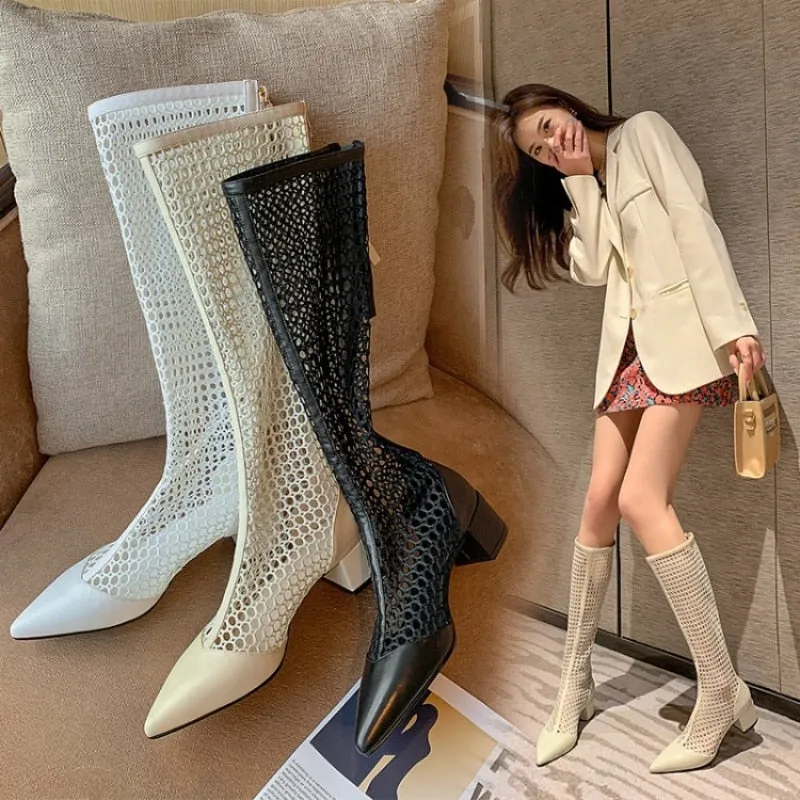 Women 's Summer Boots  Thick Heel Hollow Mesh Sand Boots Pointed Toe Sexy Sandals Long Sandals Fashion