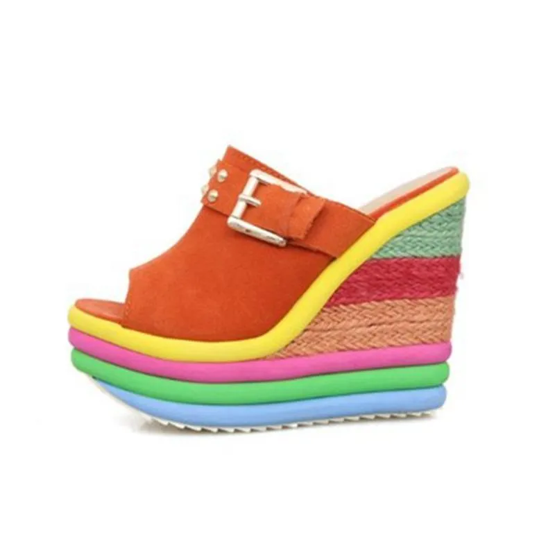 Women's peep toe rainbow platform wedge clogs sandals