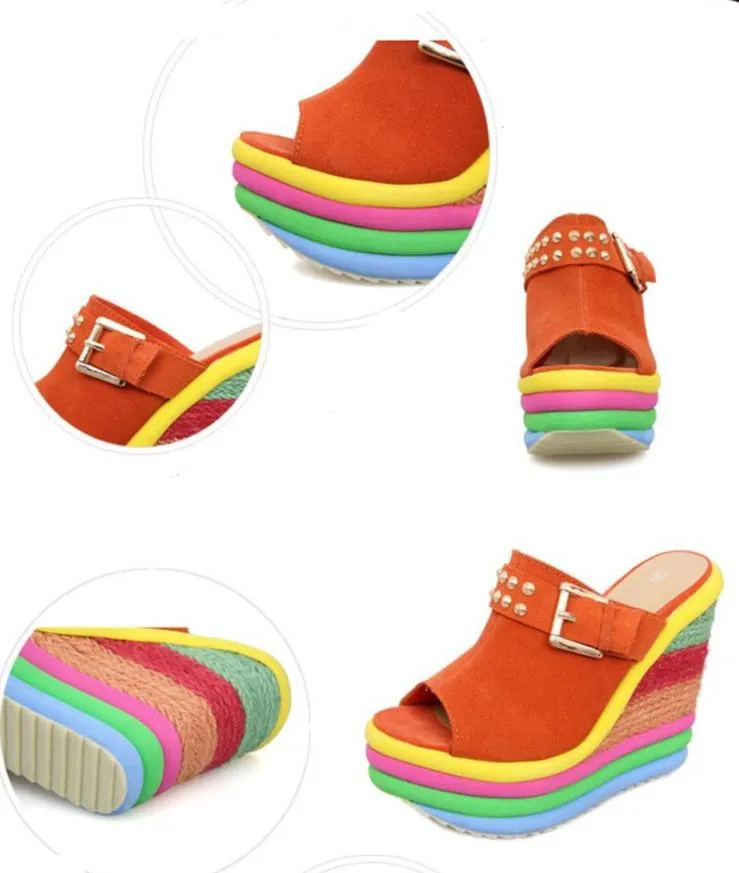 Women's peep toe rainbow platform wedge clogs sandals