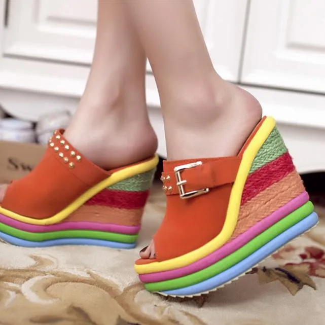 Women's peep toe rainbow platform wedge clogs sandals