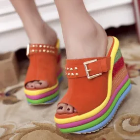 Women's peep toe rainbow platform wedge clogs sandals