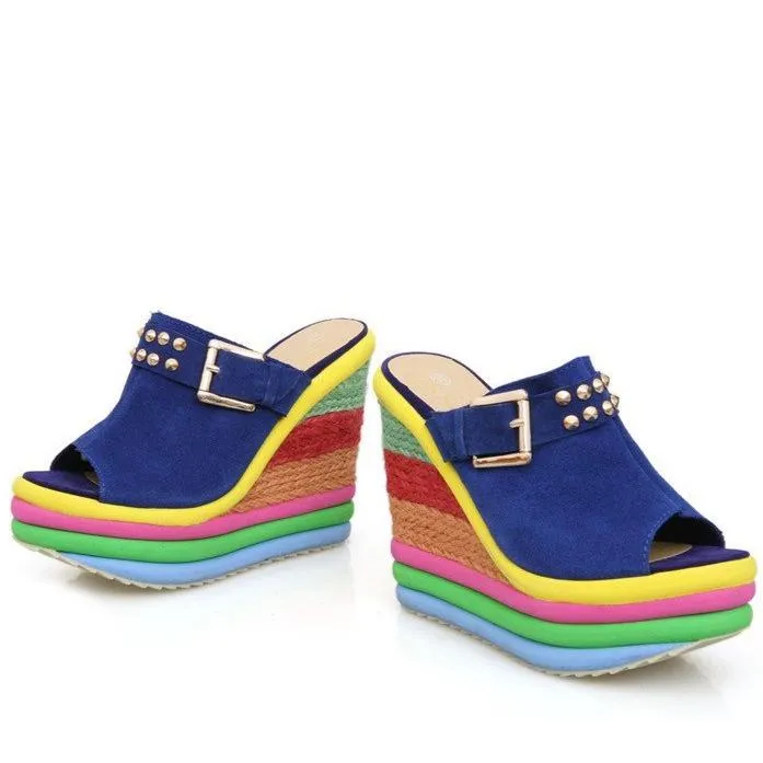 Women's peep toe rainbow platform wedge clogs sandals