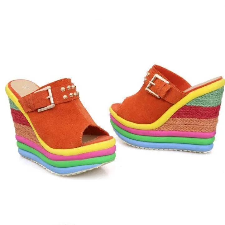 Women's peep toe rainbow platform wedge clogs sandals